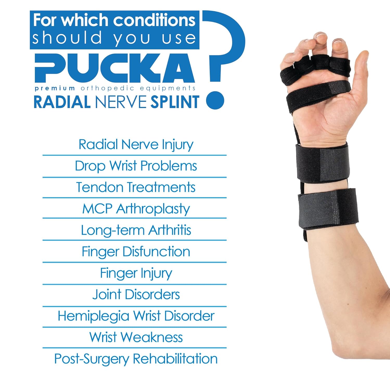 Pucka Radial Nerve Palsy Splint Adjustable Dynamic Drop Wrist and Finger Splint for Pain Mcp Arthroplasty Recovery Stroke Brace - Fits Right or Left Hand Splint