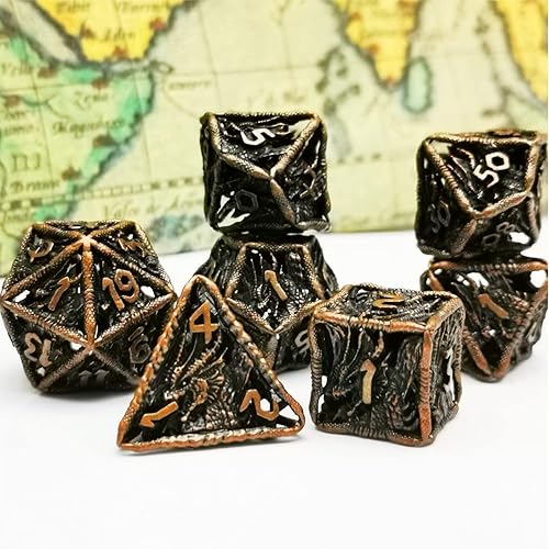 Miniatura 3 de HAOMEJA Juego de dados huecos DND Dragon Metal 7 dados para juegos de rol D&D Dungeons and Dragons (cobre rojo antiguo)