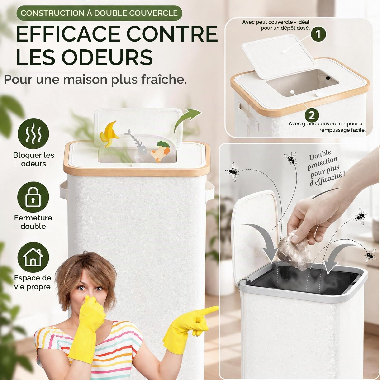Support pour sac poubelle jaune stable avec couvercle – Grande poubelle rectangulaire de 100 litres blanche – Idéale pour la cuisine, les déchets généraux et recyclables