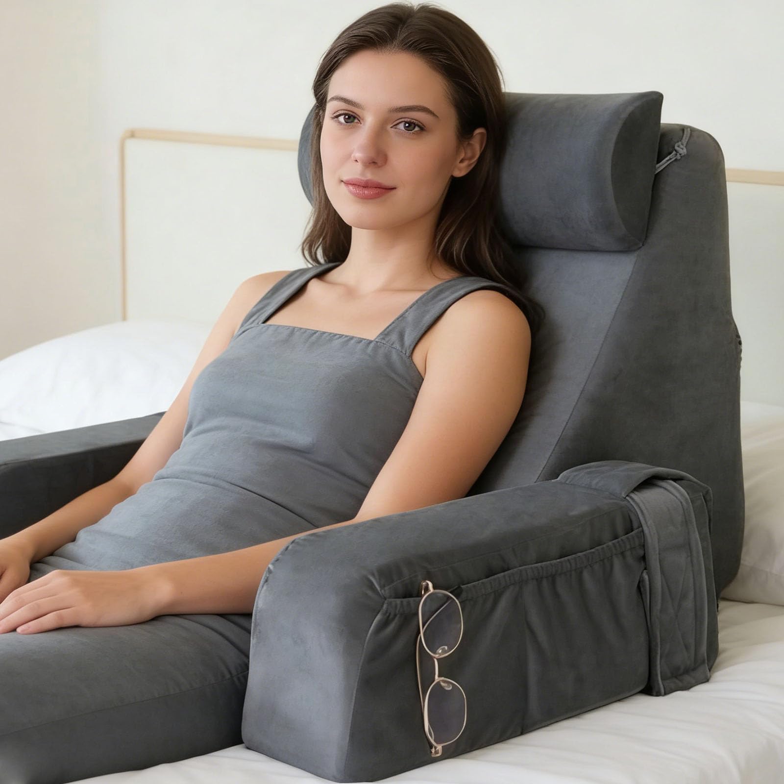 Cuscino da lettura per letto e divano, con braccioli e cuscini per la testa rimovibili, ergonomico, per la schiena, colore grigio, per leggere, lavorare, guardare la TV