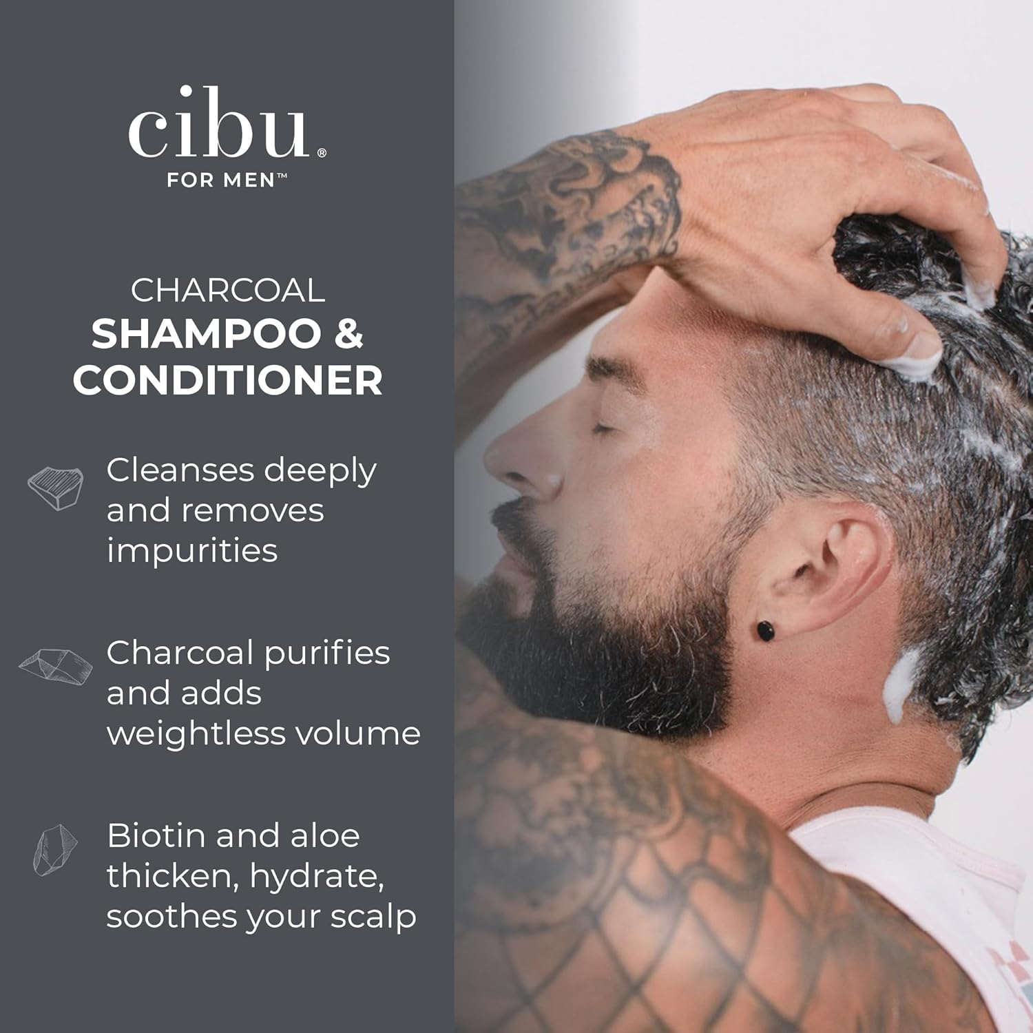 CIBU for Men Charcoal Shampoo and Conditioner Bundle - 12oz Deep Clean Men’s Volumizing Shampoo - 12oz Hydrating and Volumizing Charcoal Cleansing Conditioner - Promotes Healthy Hair and Scalp