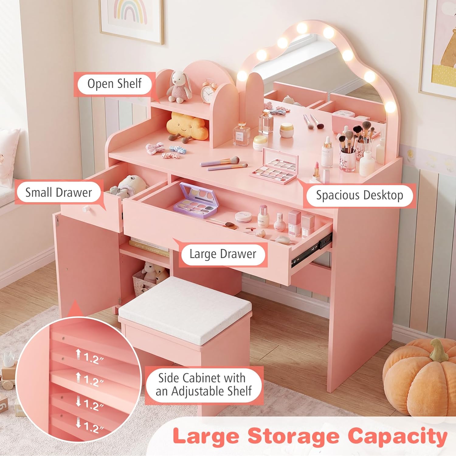 Costzon Kids Vanity with Lights, Girls Vanity Set with Mirror and Stool, Drawers, Cabinet, Storage Shelf, Princess Makeup Desk Dressing Table, Wooden Kids Vanity Table and Chair Set (Pink)