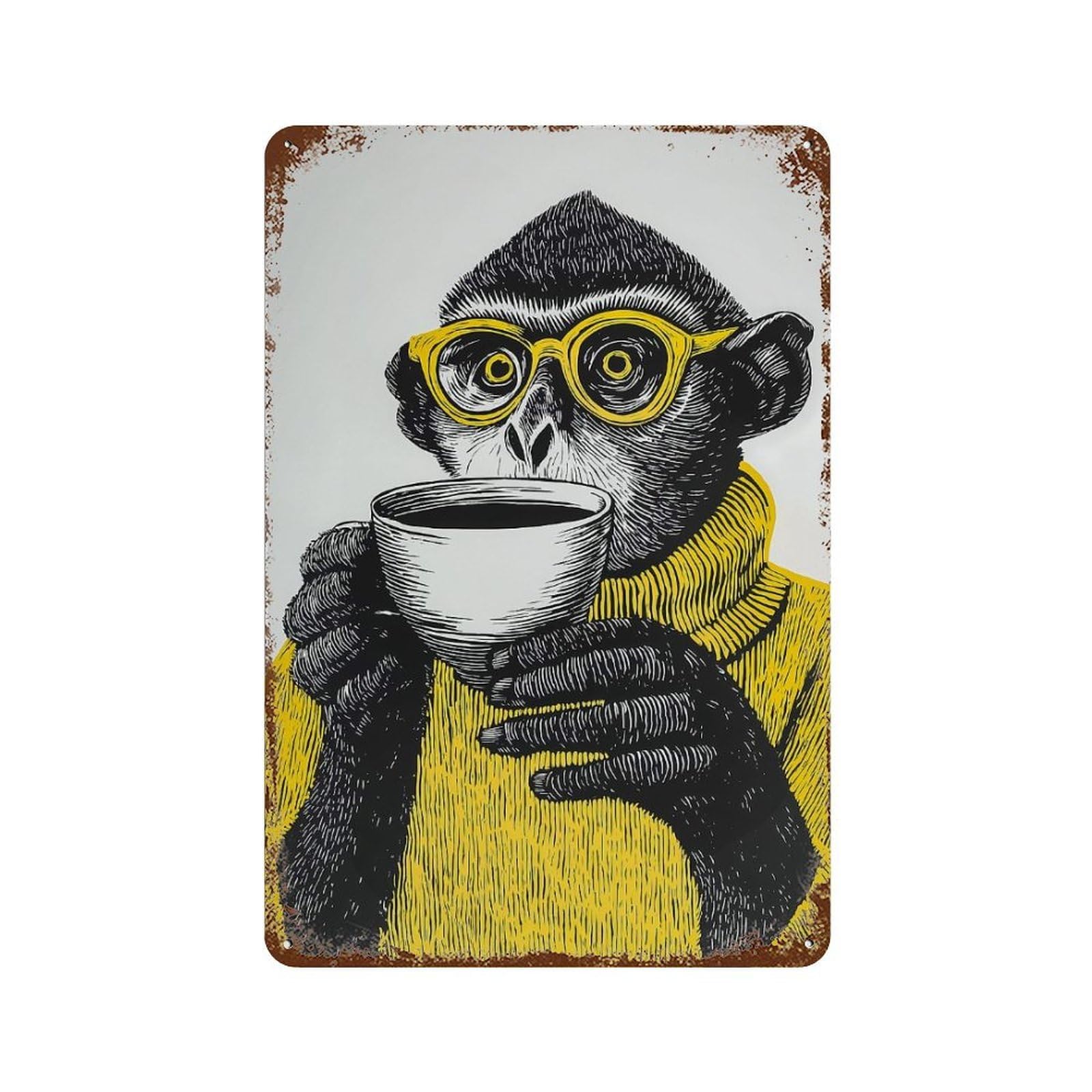 Monkey with Coffee And Glasses Retro Metal Sign 11.8"x7.9", Ideal for Cafe, Home Bar And Lounge Decor