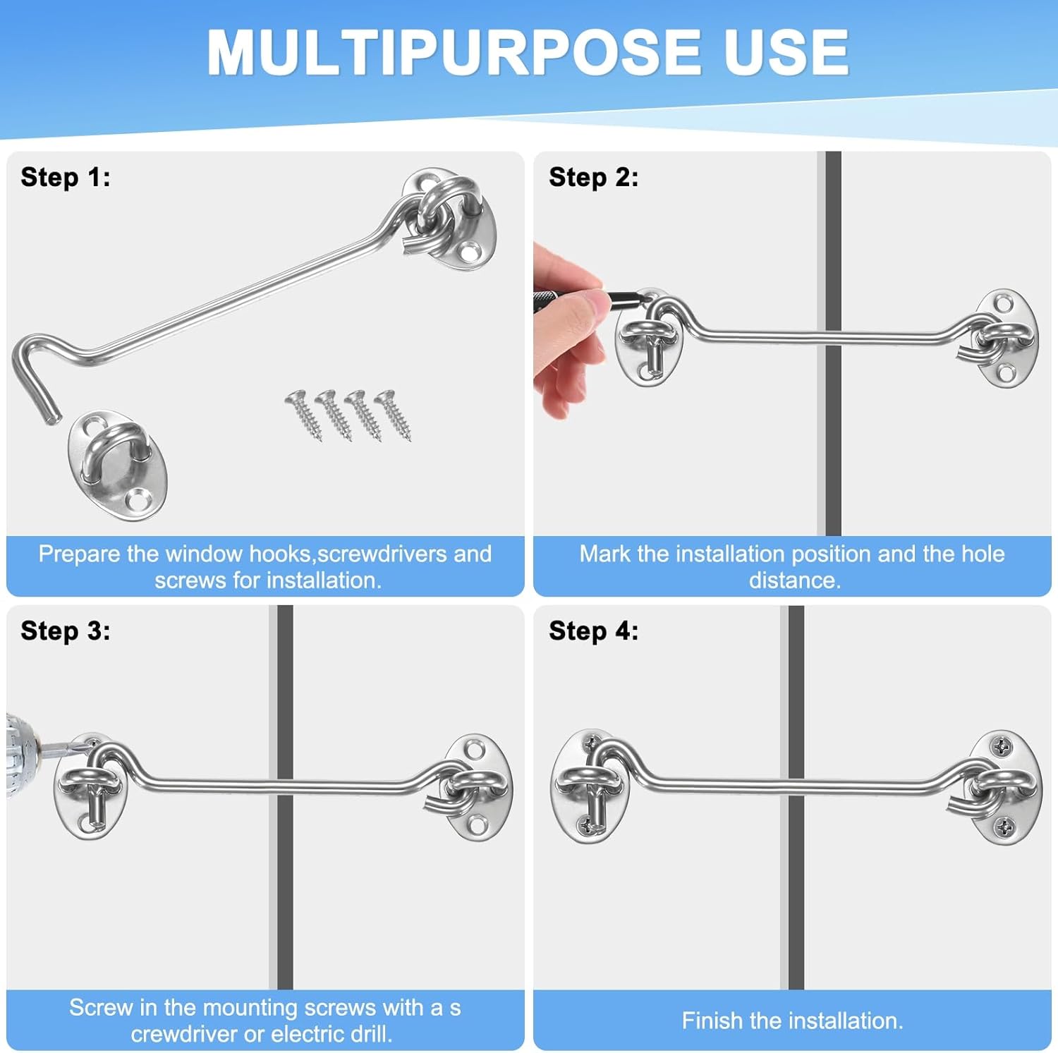 M METERXITY 2-Pack Hook and Eye Latch for Door 150 Mm/6 Inch 201 Stainless Steel Barn Door Lock Hook and Eye Gate Latch for Gate/Shutters/Window/Cabinet/Bathroom [Silver]