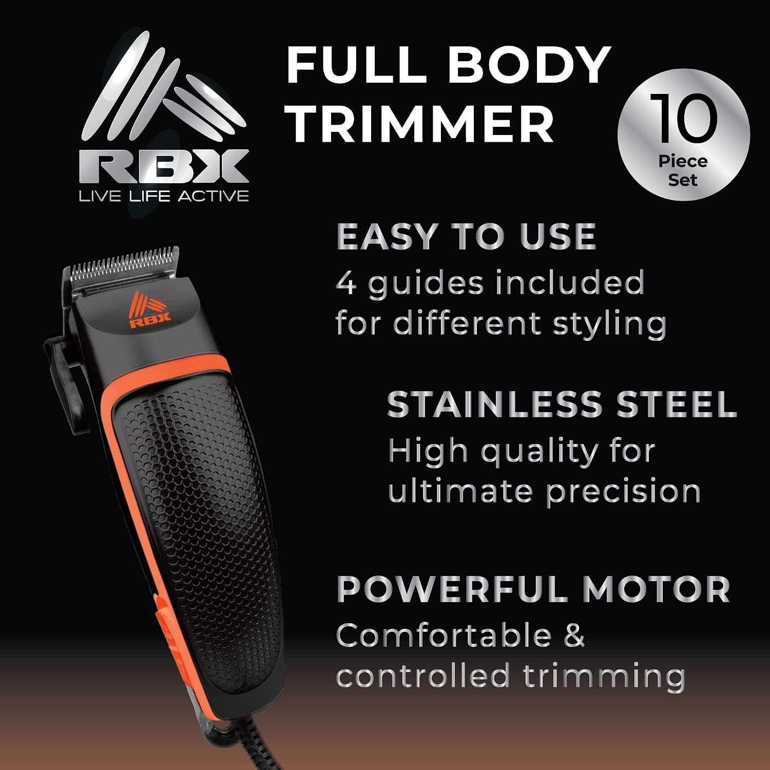 RBX Premium Hair Clippers for Men - 10 pcs Grooming Kit with Comb, Scissors, 4 Clipping Guides