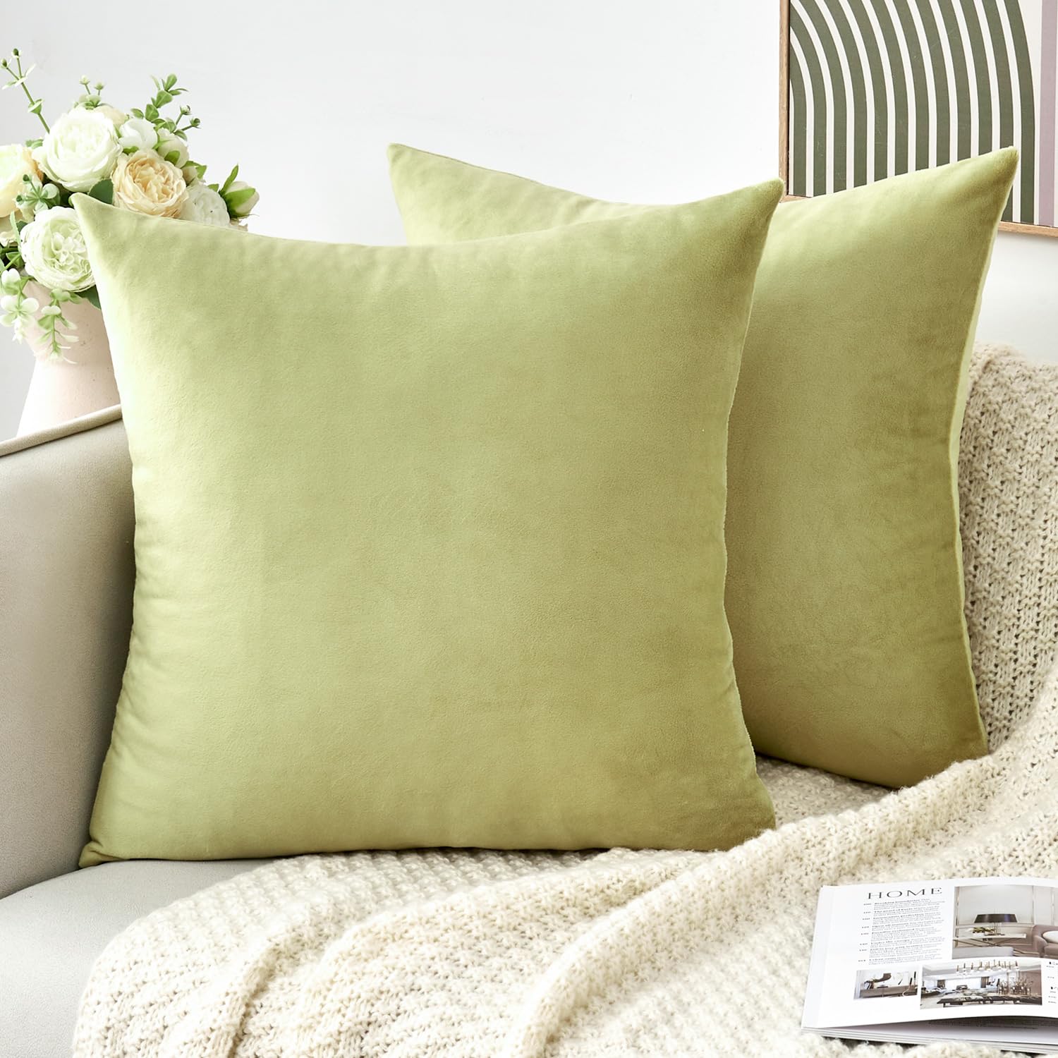 GriNeed Throw Pillow Covers Decorative Velvet Set of 2 18x18 Inch Pillow Covers, Soft Green Pillowcases for Couch Sofa Bed Living Room, Farmhouse Home Boho Decor, Square Accent Cushion Covers โ image 1
