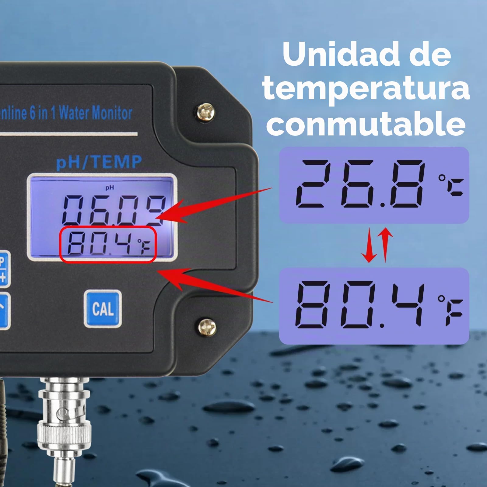 EC - Monitor de pH para Hidroponía, Probador de Calidad del Agua 6 en 1 con Wi-Fi, Medidor de pH, Monitor Continuo de pH PPM, EC CF, Temperatura de Humedad del Sistema de Cultivo DWC Interior, Tanque