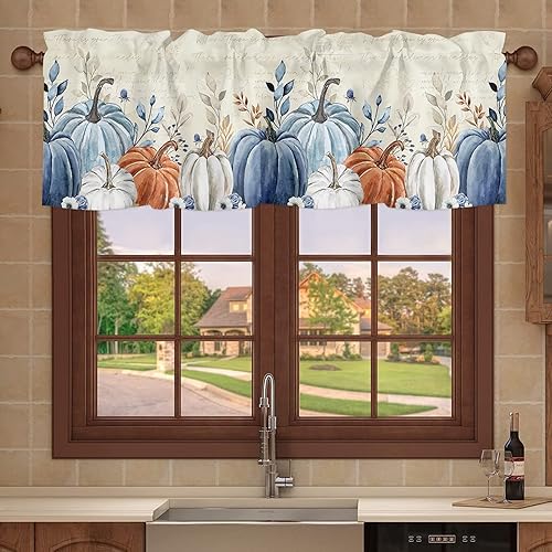 Miniatura 6 de Cenefa de otoño para ventanas, cenefas de calabaza azul, cenefa con bolsillo para barra, tratamientos de ventana, cortinas cortas de otoño para