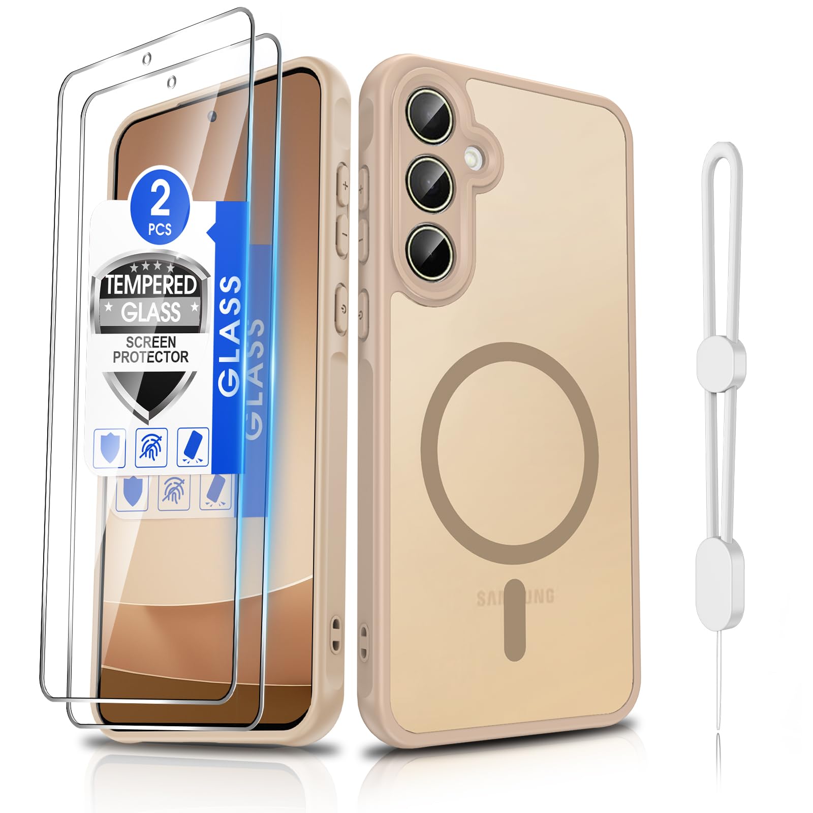 Dizn for Samsung Galaxy A35 5G Phone Case:Ultra‑Slim Matte Shockproof Protective Cover,for A35,with[2 Pcs] Tempered Glass Screen Protector,[Fit Magsafe],with Strap,Soft Funda para A 35 6.6-inch,Beige