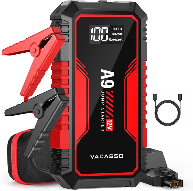Jump Starter A9 12V 4000A UltraSafe Portable Jumper Starter Red | 7L Gas/4L Diesel, Car Battery Booster Jump Starters Pack with USB Ports, Jumper Cables, LED Light, Storage Case