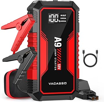 Jump Starter 4000A, VACASSO A9 Battery Jumper Starter Portable 7L Gas/4L Diesel, 12V Car Battery Booster Jump Starters Pack, Jumpstart with USB Ports, Jumper Cables, LED Light, Storage Case