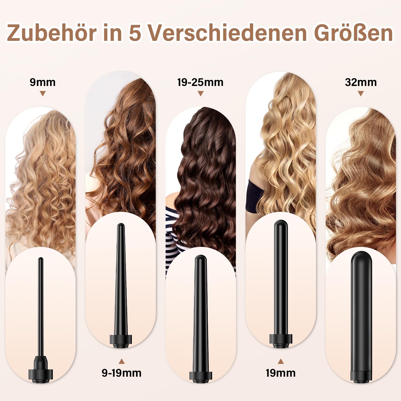 5 in 1 Lockenstab Set, 9-32mm Keramik Lockenstab mit Verschiedenen Aufsätzen für Kleine und Große Locken, Schnellaufheizung, Einstellbare Temperatur, Lockenstäbe Set mit Handschuh Haarspangen