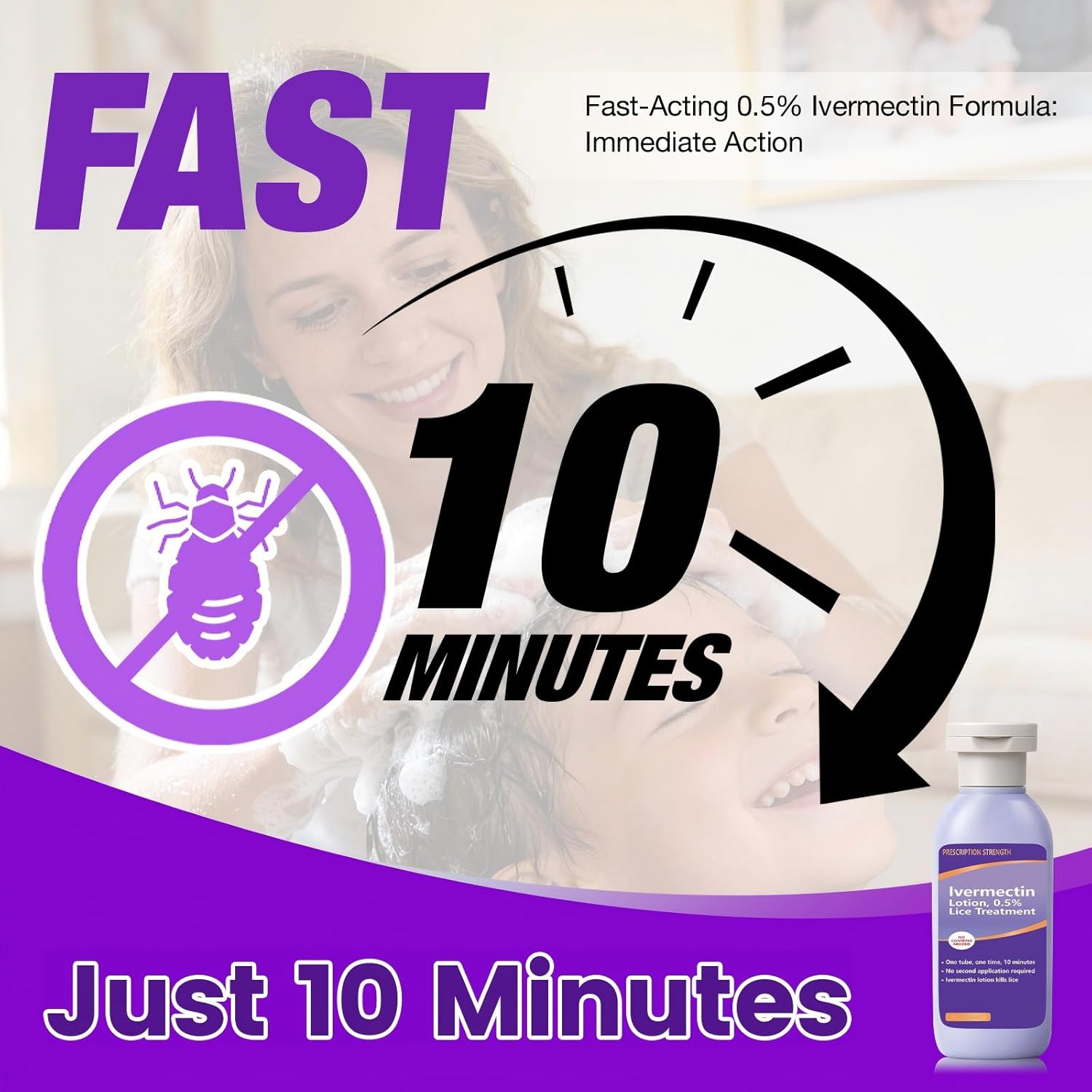 Ivermectin 0.5% Lotion for Head Lice Treatment, Fast-Acting, No Nit Combing Required, Gentle & Family-Friendly, Effective on Resistant Lice, 4.2 oz (100 mL)