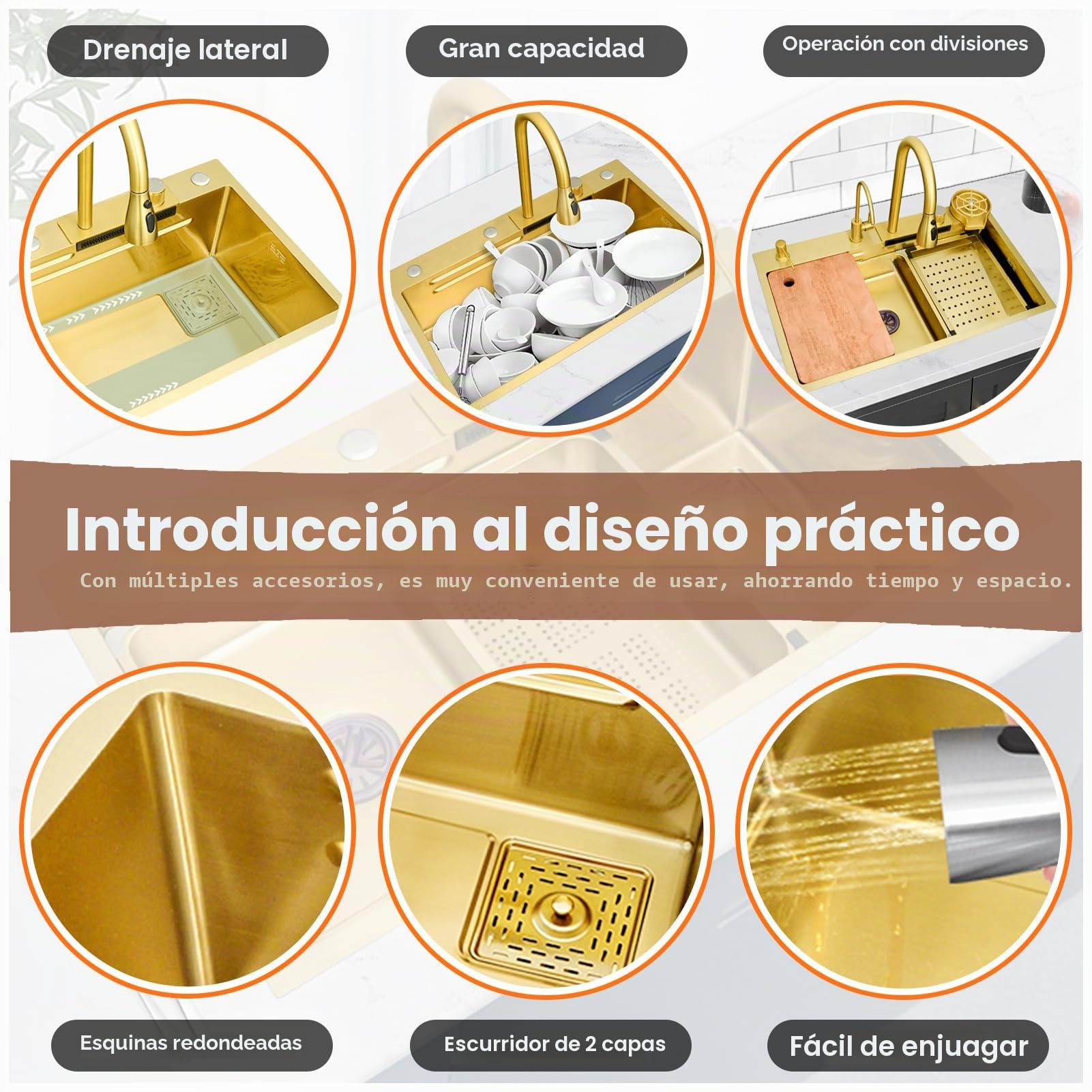 Fregadero de cocina dorado de 80 x 50 cm, de acero inoxidable con efecto cascada, fregadero integrado, con grifo extensible, lavavajillas para tazas, desagüe
