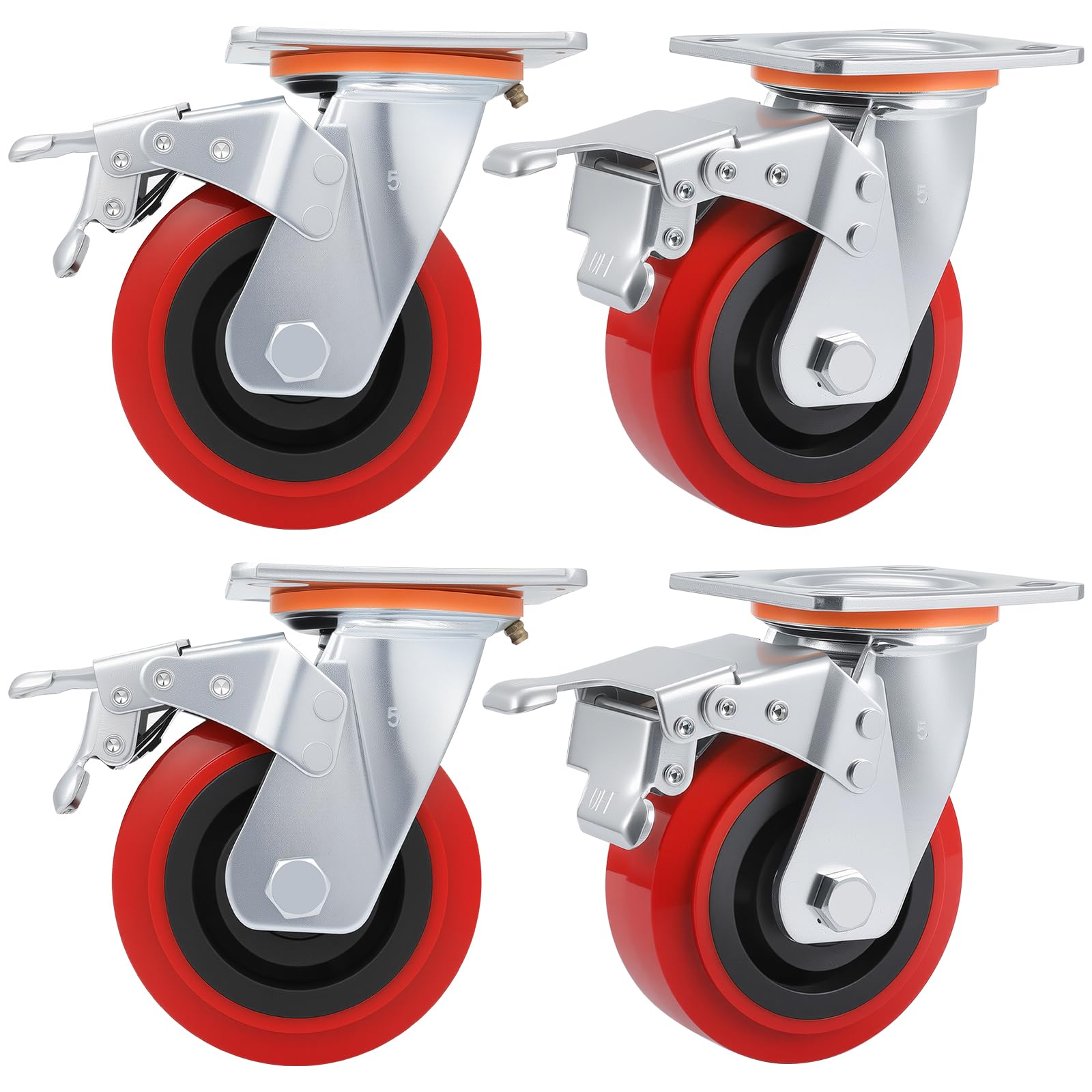 Nfbcxutkw 4Brake 5 Inch Caster Wheels,Heavy Duty Caster Set Of 4,Polyurethane Surface Tpe Casters,Load 4000Lbs Swivel Brake Plate Casters,For Industrial Equipment、Workbench And Cart Wheels (4Brake)