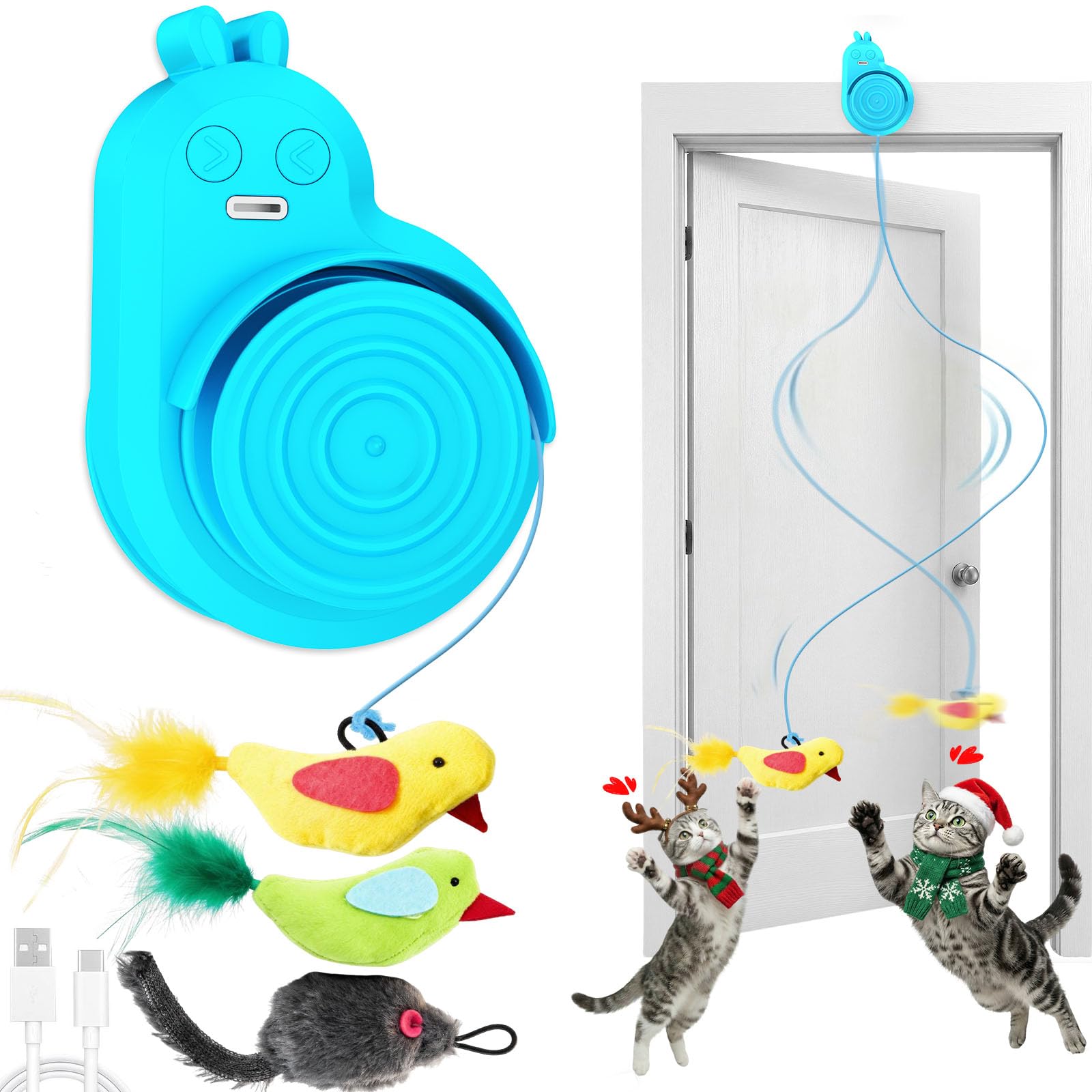 Interactive Cat Toys for Indoor Cats - Automatic Flying Bird Feather & Mouse Wand Enrichment Toy, Hands-Free or Handheld USB-Rechargeable Safe Play