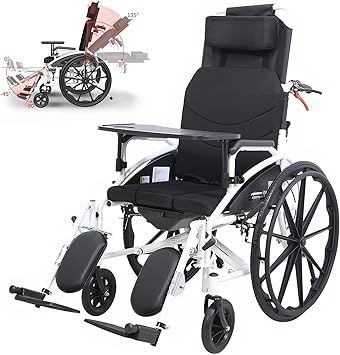 Portable Reclining Wheelchairs for Adults, All Terrain Transport Lightweight Foldable Wheelchair for Seniors, High Back Collapsible Wheel Chairs with Elevating Leg Rests, 300lbs Capacity