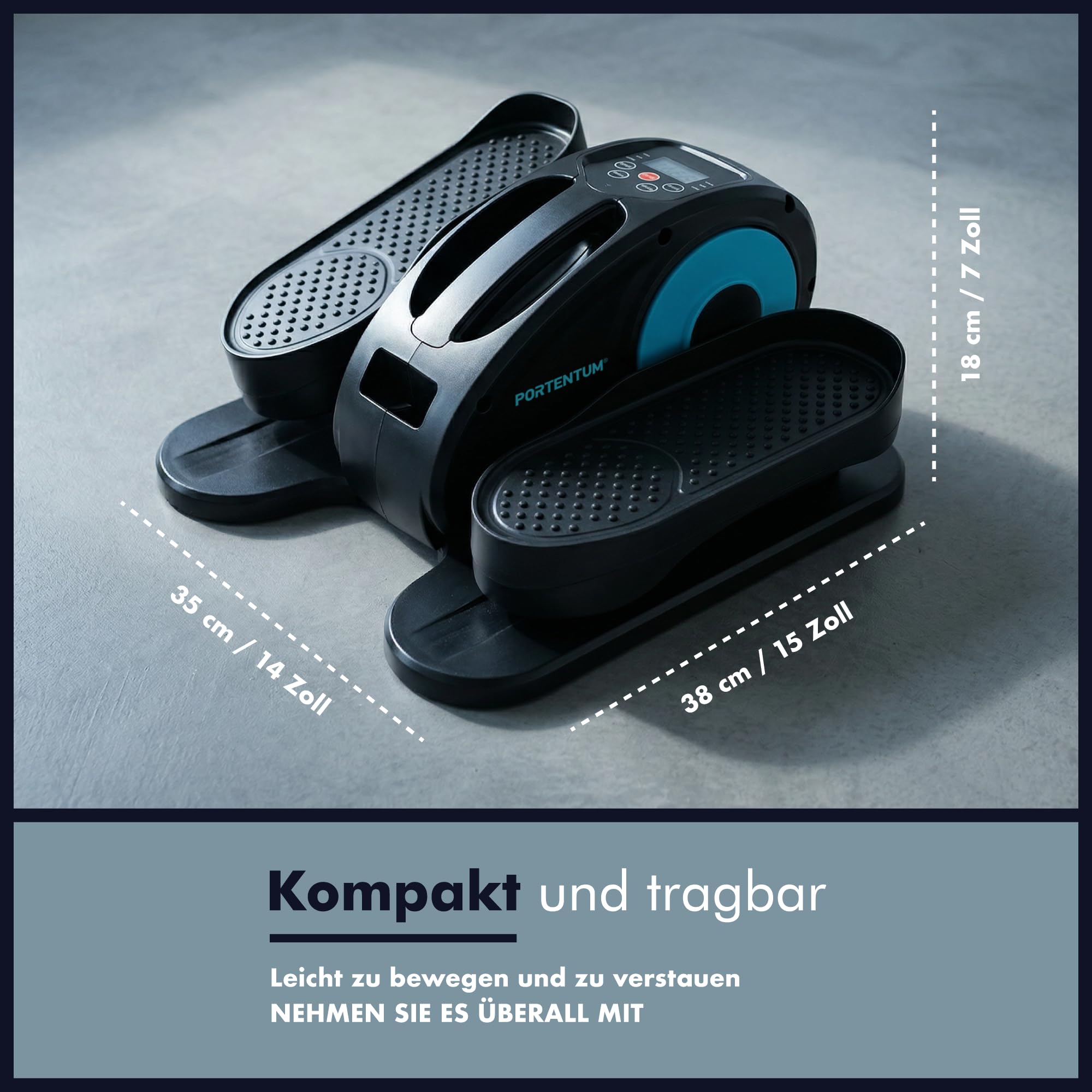 PORTENTUM Mini Ellipsentrainer für Zuhause mit Matte und Schlaufen – Neues Format 2026 kompakter – Pedaltrainer für Senioren automatisch und manuell 12 Geschwindigkeiten – Kompakt für Büro