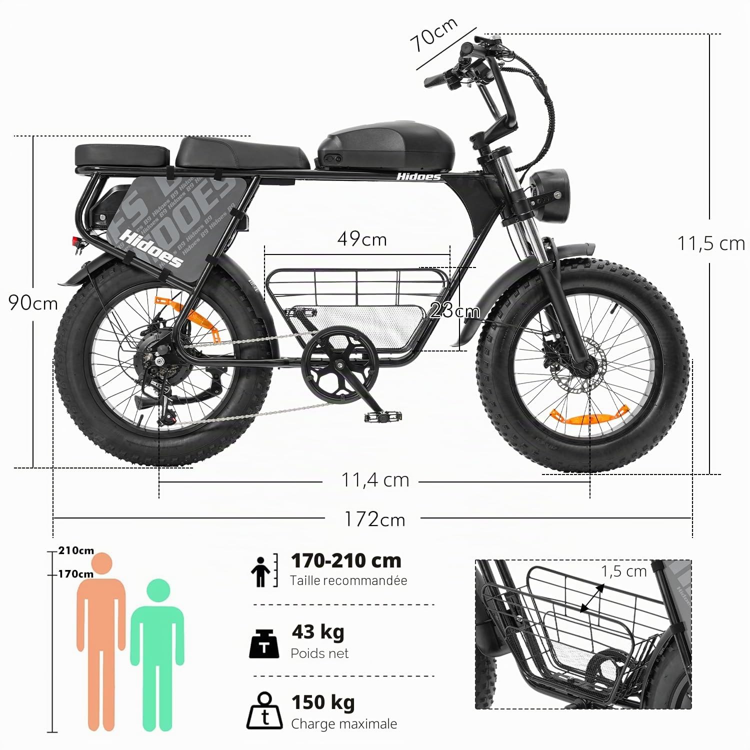 B9 Velo Electrique Homme 2 Batterie Amovible 48V 33.8Ah jusqu'à 180Km,20"*4.0" Fat Bike Electrique avec Panier et siège arrière,VTT électrique Adulte 7 Vitesses