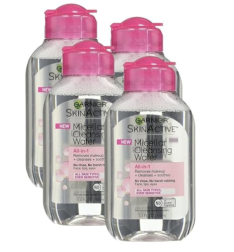 Garnier Skin Active Agua limpiadora micelar, todo en 1, para todo tipo de piel, tamaño de viaje, 3.4 onzas, (paquete de 4)