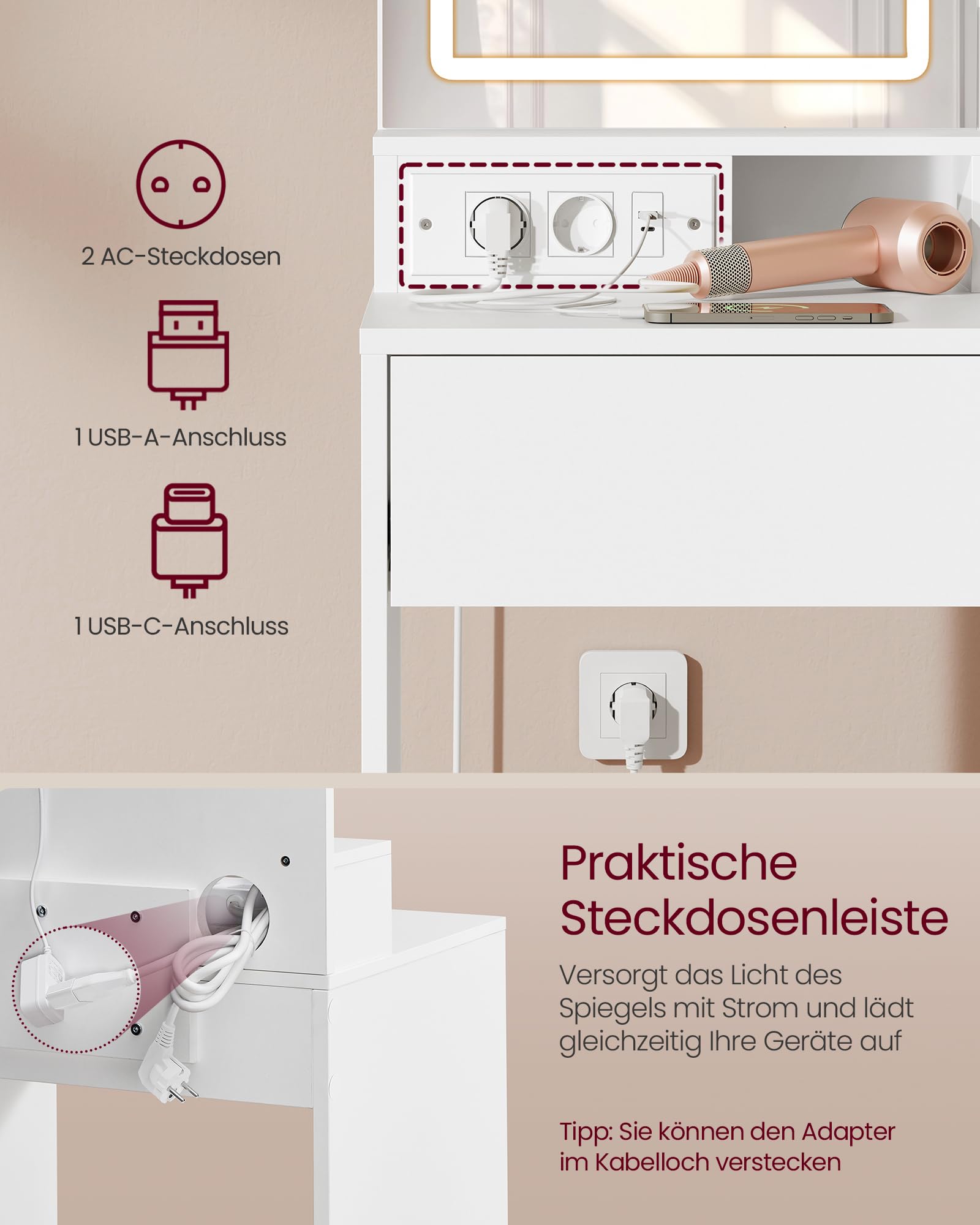 VASAGLE Kailyn Kollektion - Schminktisch, Frisiertisch mit LED-Spiegel und Steckdosenleiste, Kosmetiktisch, Schublade und offene Ablagen, Schrank mit 2 verstellbaren Ablagen, weiß RDT138W01