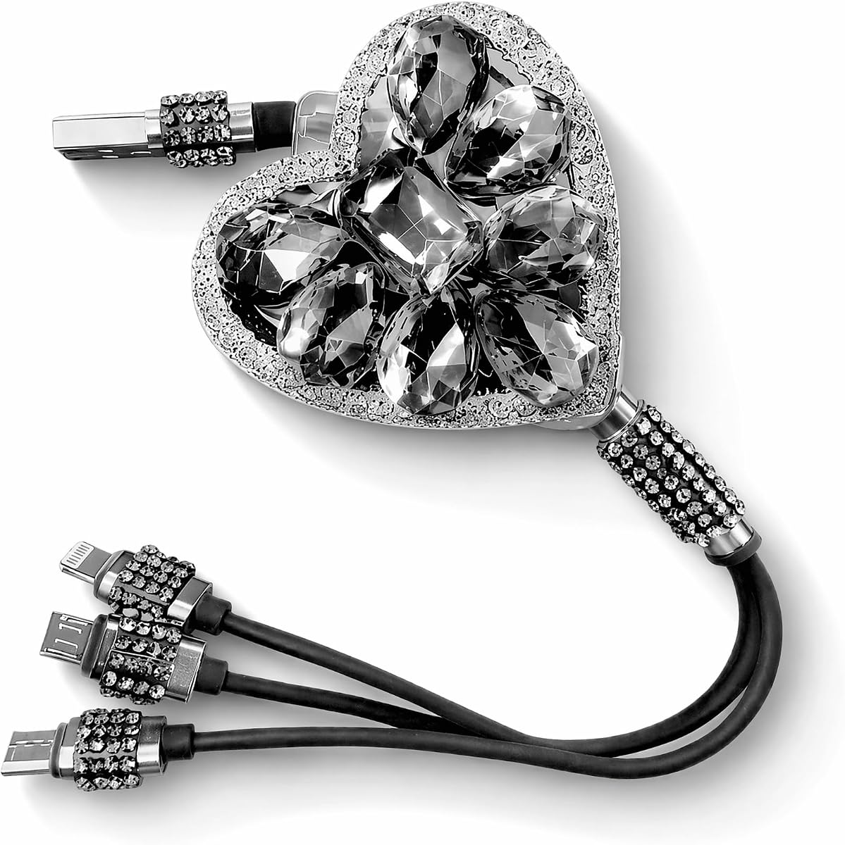 Heart-Shaped Car Charger Cable, 3-in-1 Bling Retractable Car Multi Charging Cable, Sparkly Stylish Heart Auto Charger Cables with 3 Connectors for Women, Universal for Phones & Tablets(Black)