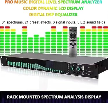 31 Bands Digital Equalizer, Stereo Graphic Audio Equalizer, with 21 Preset Effects, Low/Mid/Treble Adjustment, Automatic Noise Reduction, 1U Rack Mount, for Recording Studio