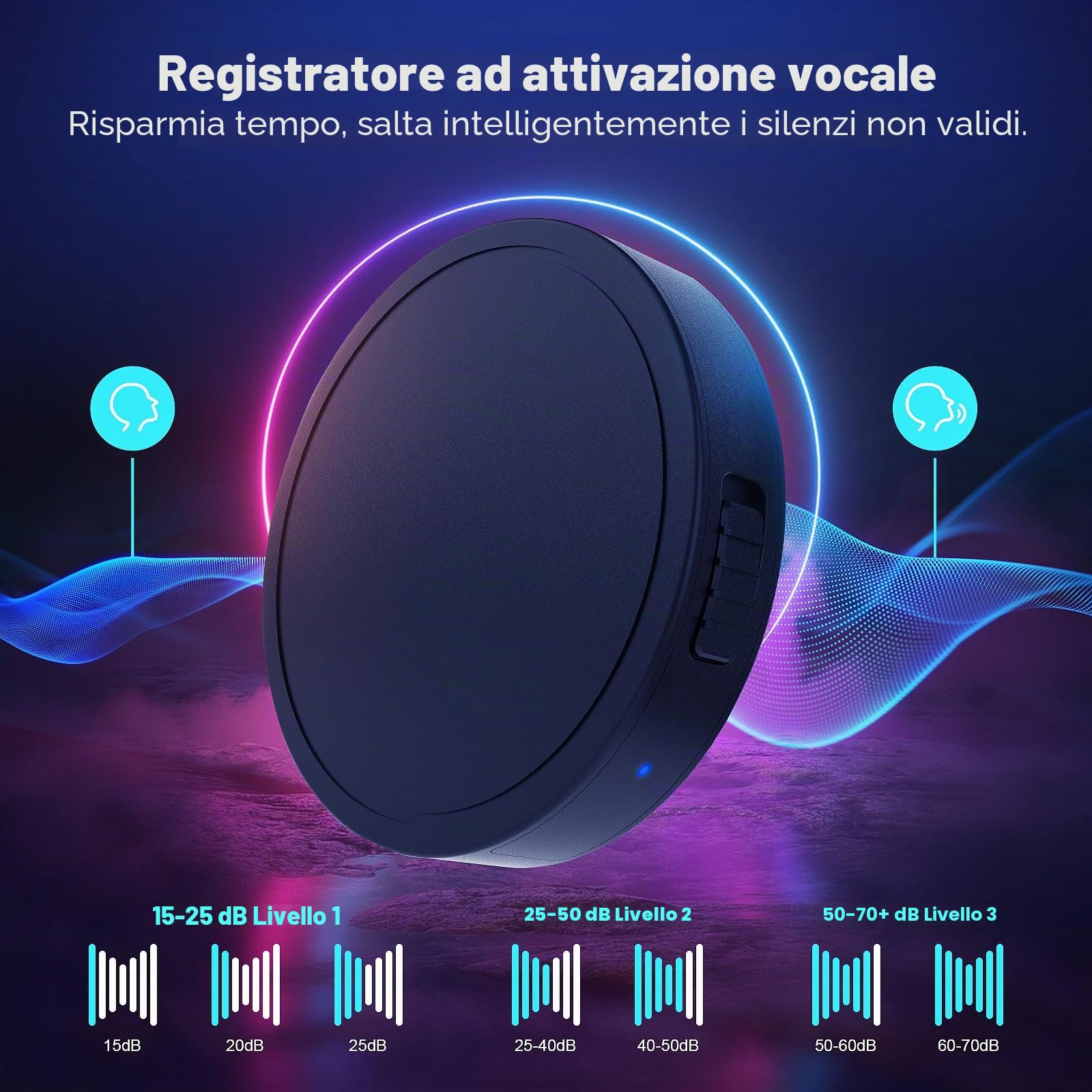 Registratore vocale con controllo vocale, Elasound 132G (9800 ore) con tripla riduzione del rumore intelligente, registratore audio portatile per lavoro, letture,
