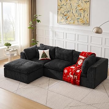 114 L-Shaped Cloud Sectional Sofa, Boneless Modular Sofa for Living Room | Cloud Couch w/ Ottoman, Comfy Modular Sofa with Memory Foam, L Shaped Sectional Couch, Apartment Home, Black