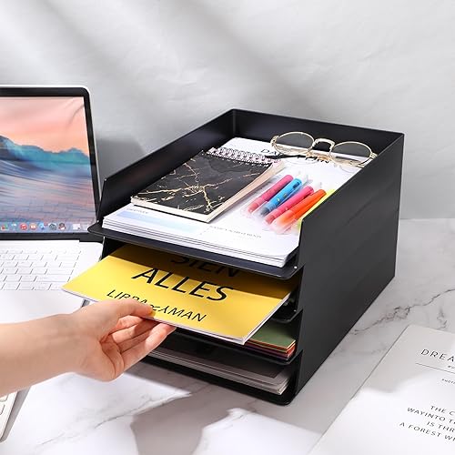 Miniatura 5 de Wenqik Paquete de 8 bandejas de papel apilables negras para el aula, 12.8 x 9.45 x 1.97 pulgadas, organizador de escritorio rectangular de plástico,
