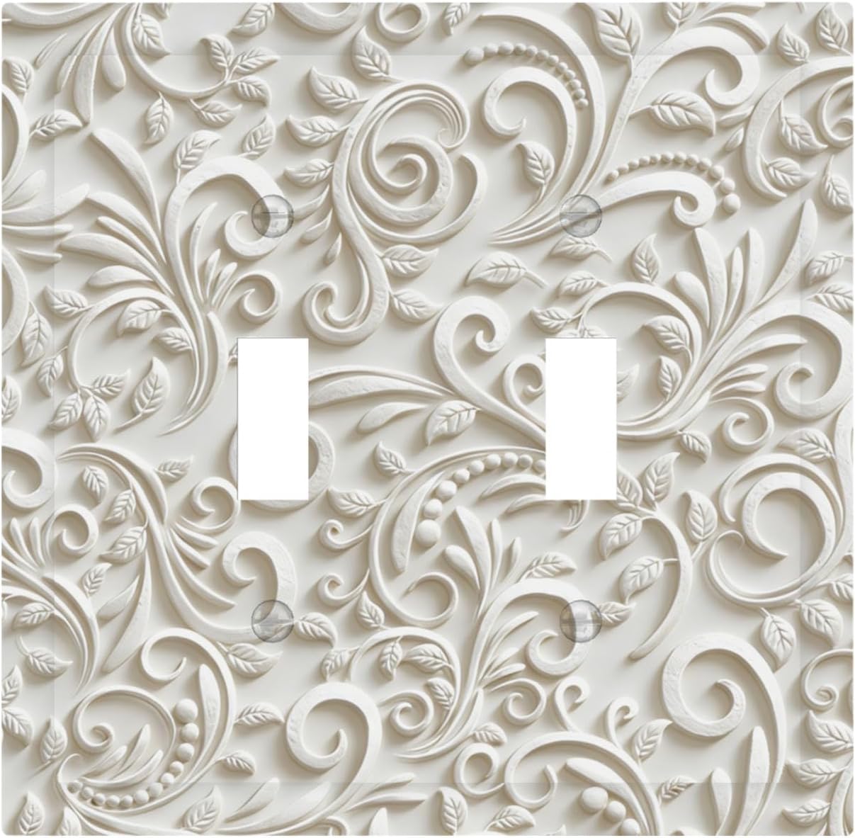 White Faux French Scroll Decorative Toggle Light Switch Wall Plate 2-Gang | Faux Floral Vine Light Switch Cover Plate Midsize Double Switch Cover 4.88" x 4.92"
