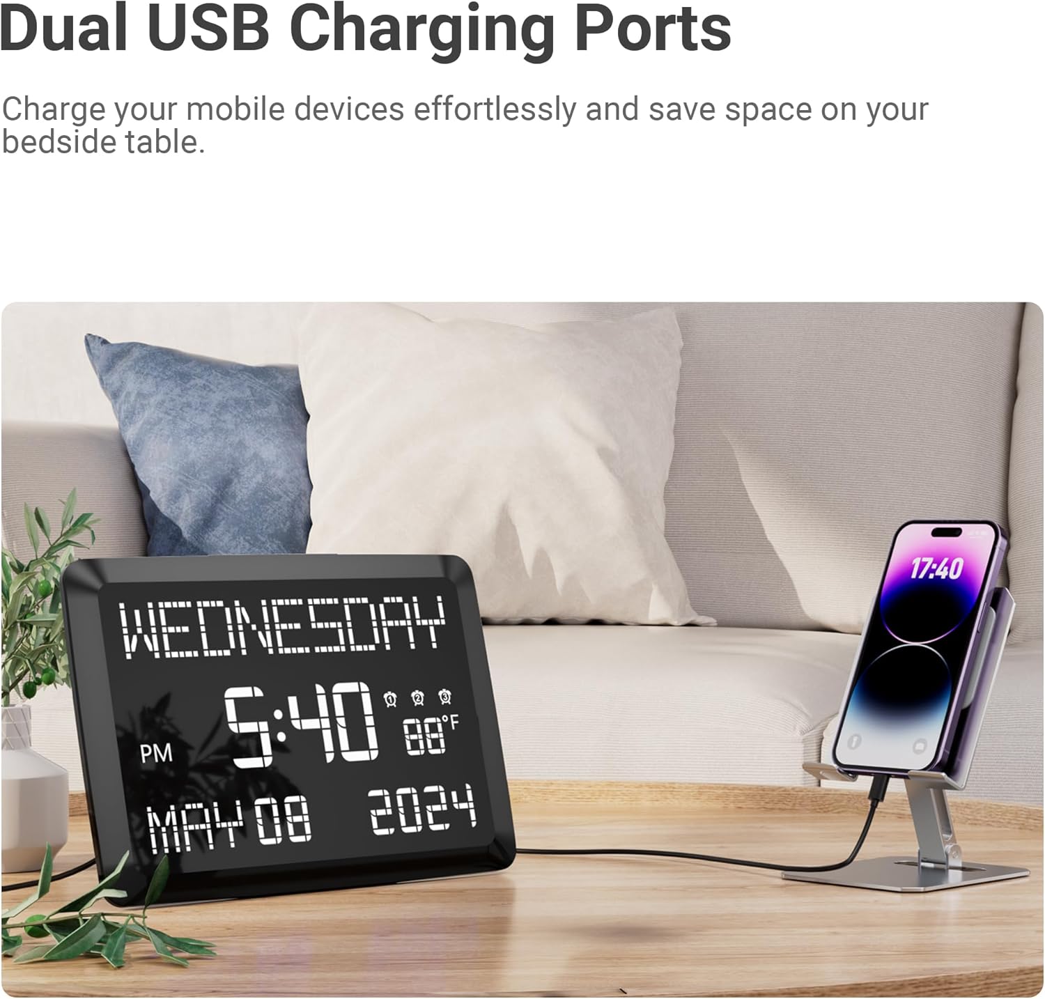 Mesqool digital clock on a bedside table with a smartphone charging via one of its dual USB ports