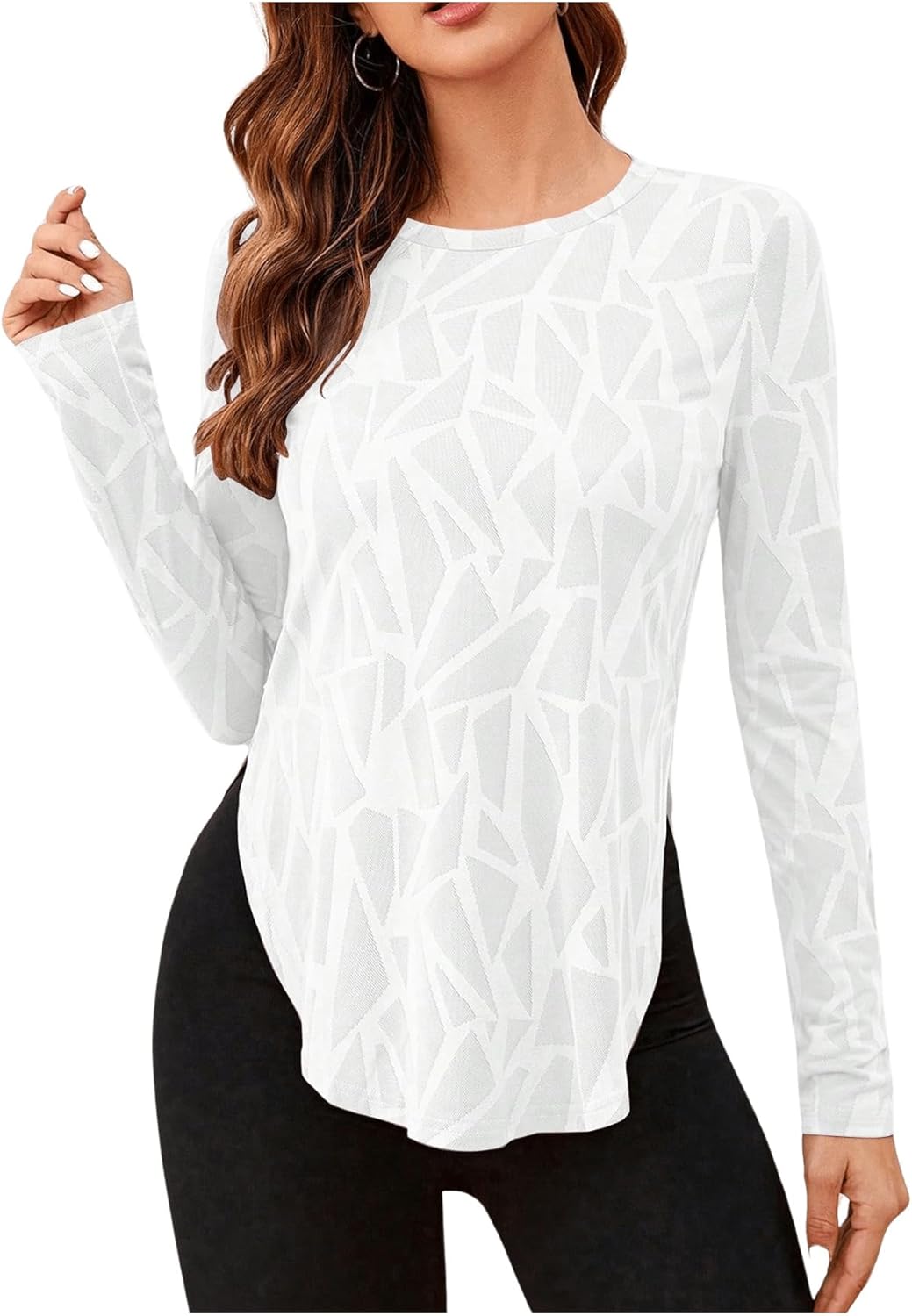 SweatyRocks Women’s Long Sleeve Workout Tops Crewneck Split Side Yoga Gym Running Athletic Shirts