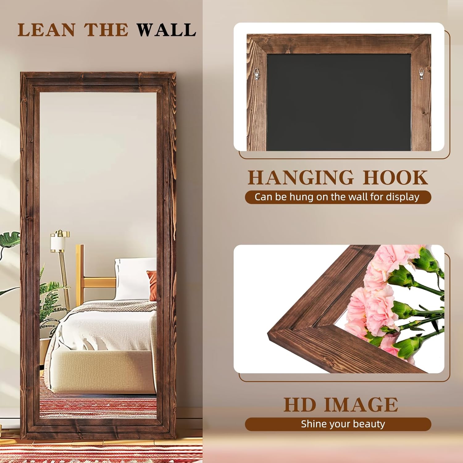 Full Length Mirror 71"x30" Solid Wood Frame Floor Large Mirror for Living Room, Bedroom Hanging or Leaning Wall-Mounted, Brown Brown 71"L x 30"W