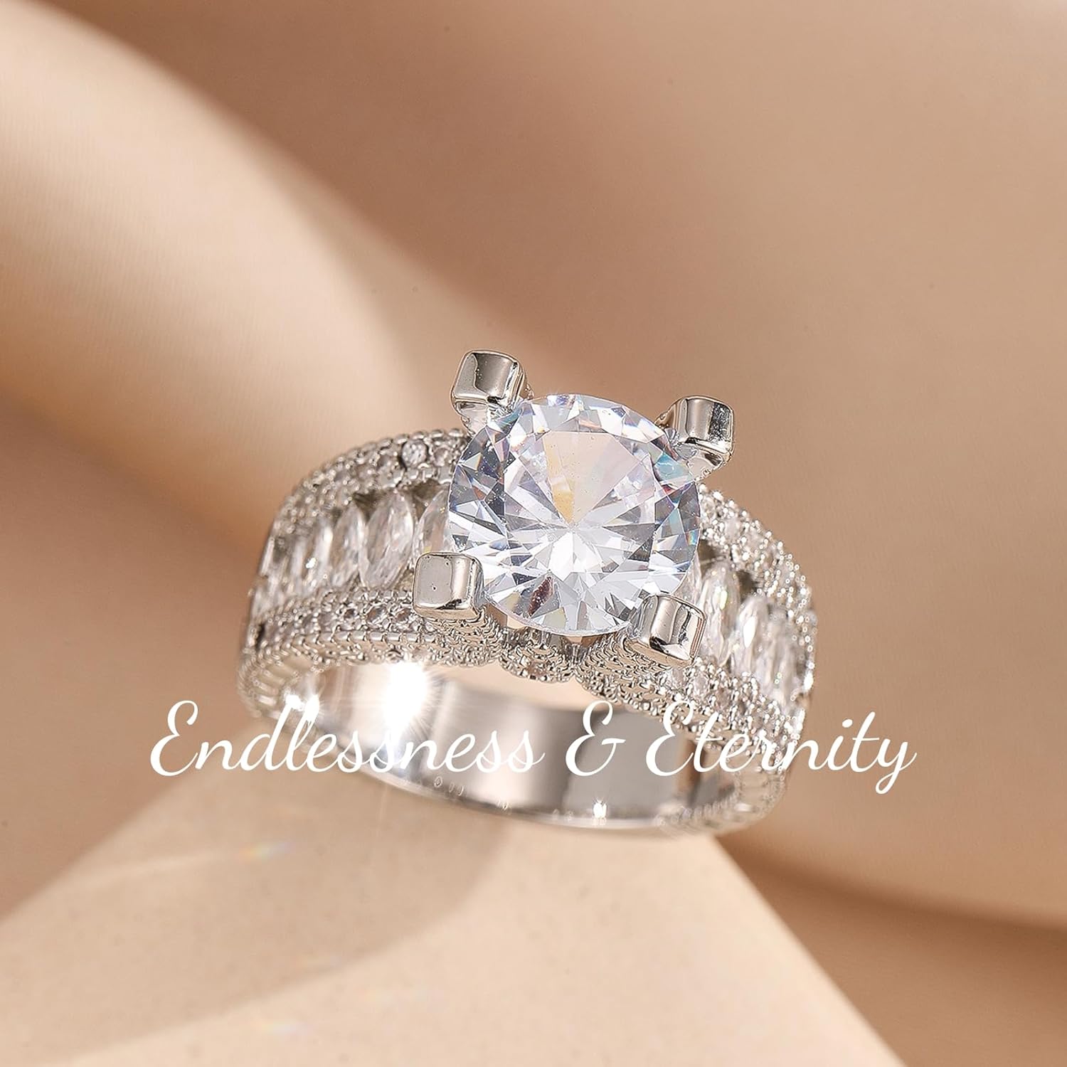 ENDLESSNESS & ETERNITY 4CT Round Cut Half Eternity Big Simulated Diamond 14K White Gold Plated Wedding Band Ring Cubic Zirconia Engagement Promise Ring Gift for Women