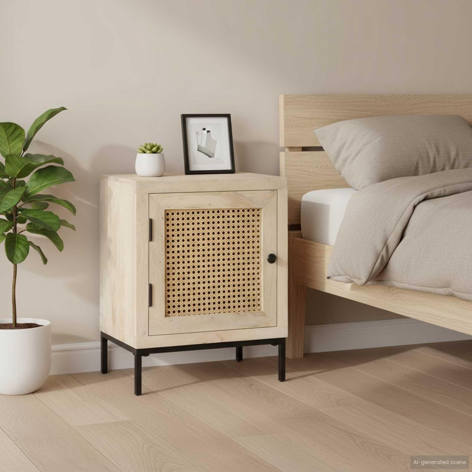vidaXL Table de Chevet Table de Nuit Armoire de Chevet Armoire de Lit Chambre à Coucher Maison Intérieur 40x30x50 cm Canne Naturelle Bois de Manguier