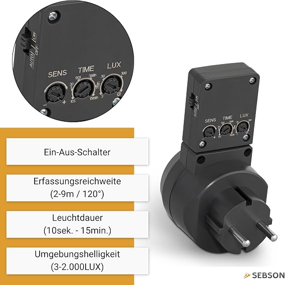 SEBSON PIR Motion Sensor Adaptor Plug with Rotating Sensor Anthracite