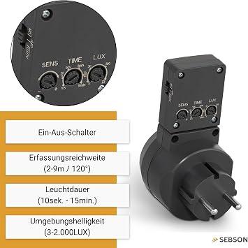 SEBSON PIR Motion Sensor Adaptor Plug with Rotating Sensor Anthracite