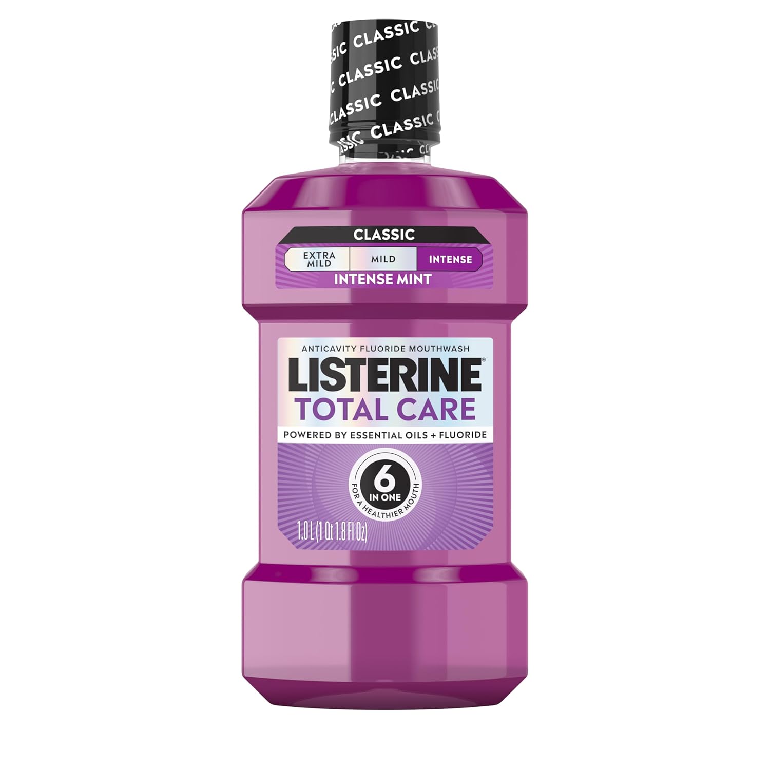 Listerine Total Care Intense Fluoride Mouthwash: 6-in-1 Anticavity Rinse Kills 99% Bad Breath Germs, ADA-Accepted, Intense Mint, 1L