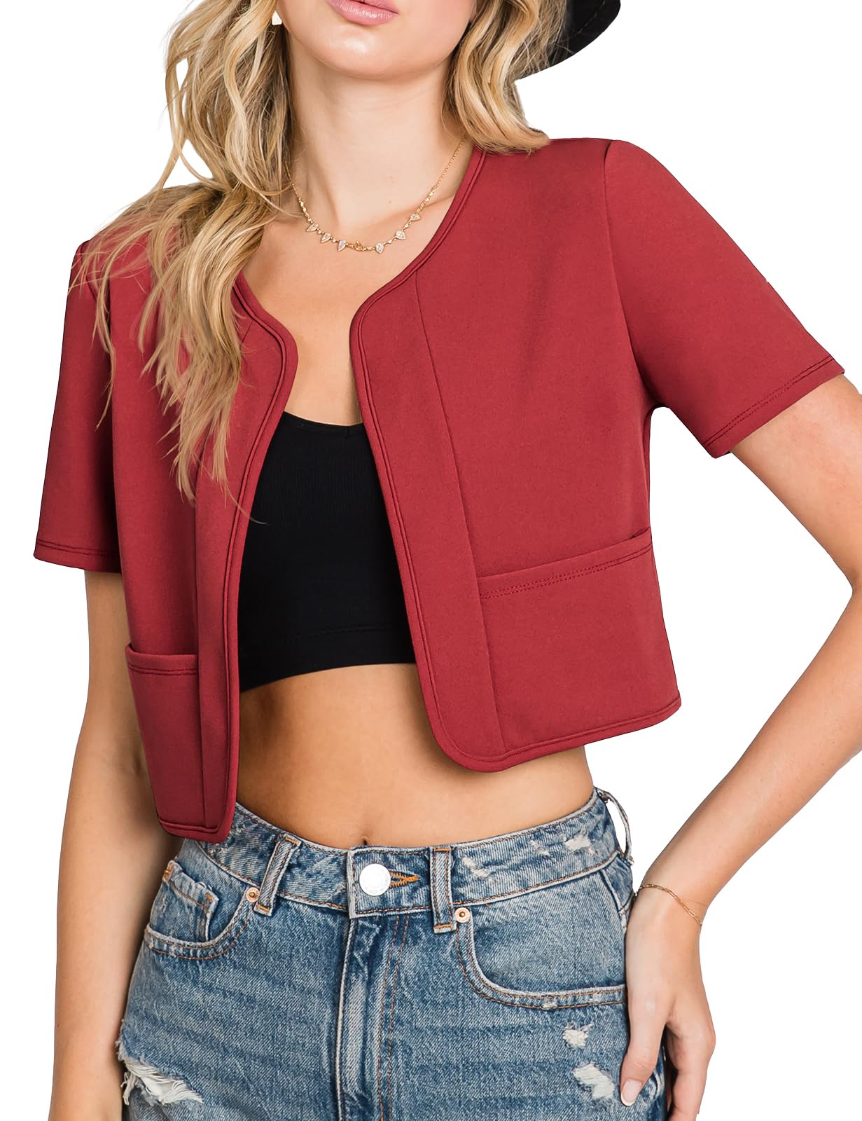 DOUBLJU Bolero Open Front Cardigan Crop Jackets Short Sleeve Basic Cropped Blazers Business Casual for Womens with Plus Size