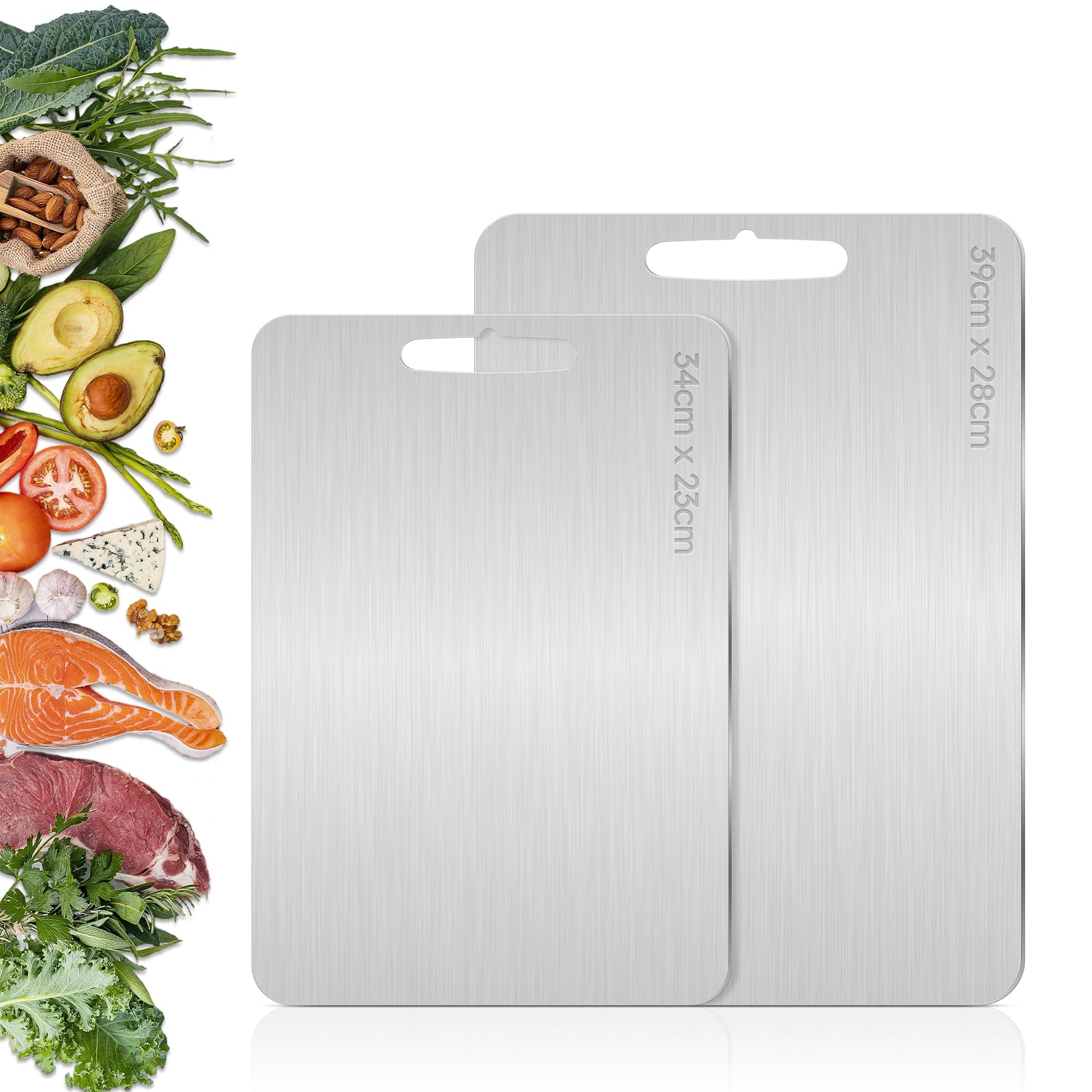 2 Pezzi Tagliere Acciaio Inox, Multifunzione Tagliere Cucina, per Uso Alimentare Su Entrambi I Lati, per Carne, Pane, Verdura e Frutta(39 * 28cm+34 * 23cm)