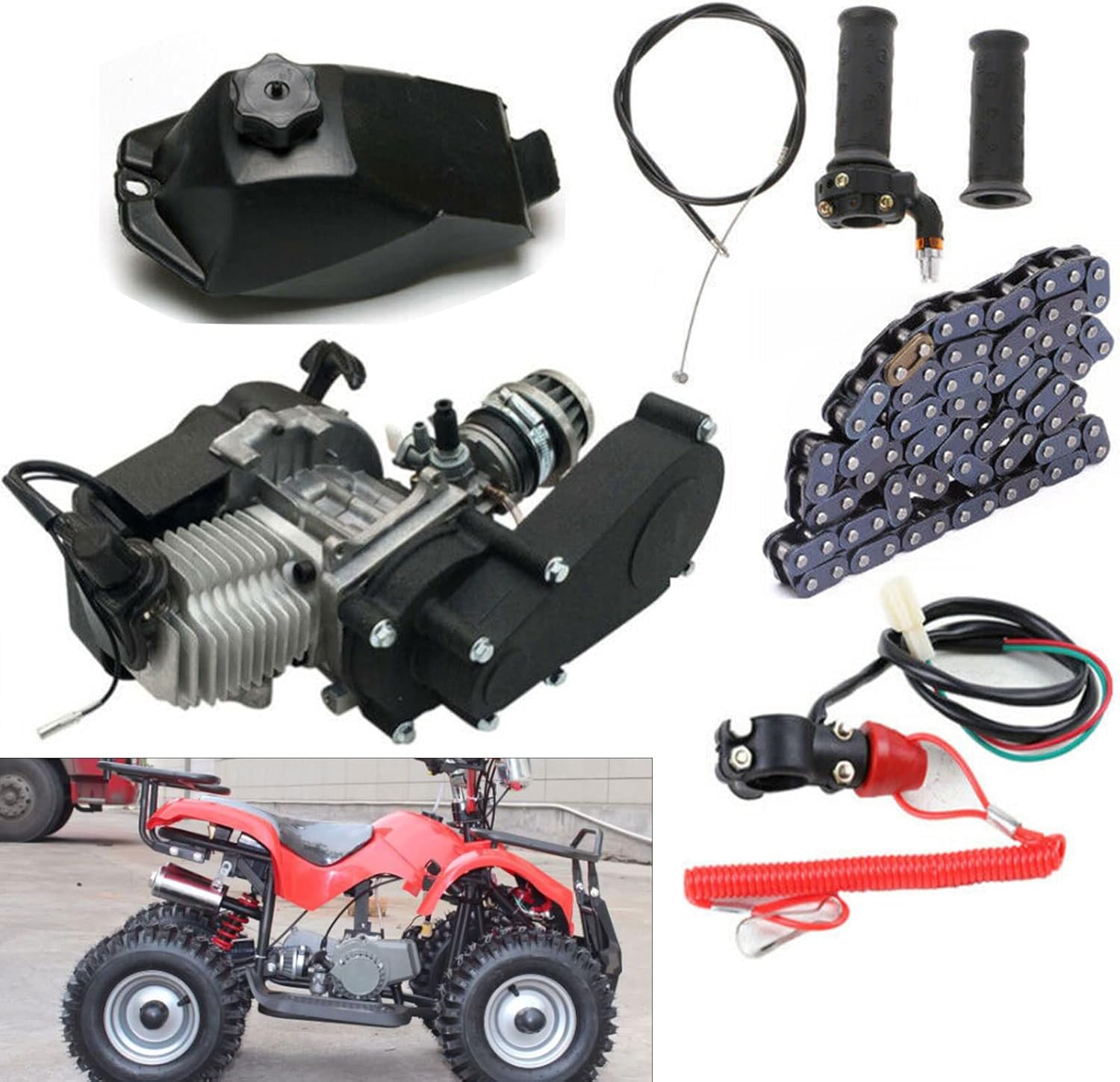 Gdrasuya10 49cc 2 Stroke Engine Motor Kit T8F 14 Teeth Air Cooled Single Cylinder Racing Engine Gear Box Chain Kit Bicycle Motor Engine Kit for Pocket Bike Mini Dirt Bike ATV Scooter