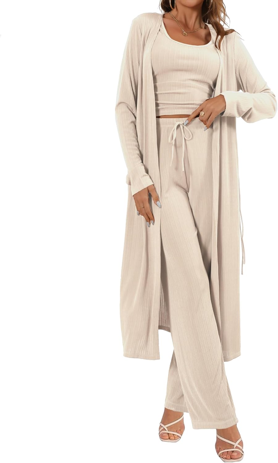 Women's 3 Piece Lounge Set Open Front Cardigan Pajamas Set