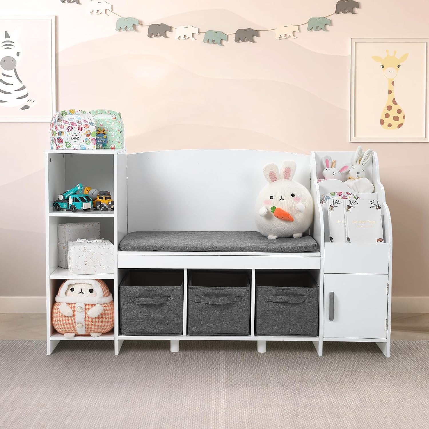 GarveeHome Kids Bookshelf with Reading Nook, Toddler Bookcase with Seat Cushion and Adjustable Shelf, Storage Bench with Book Rack for Bedroom, Playroom, Nursery, White