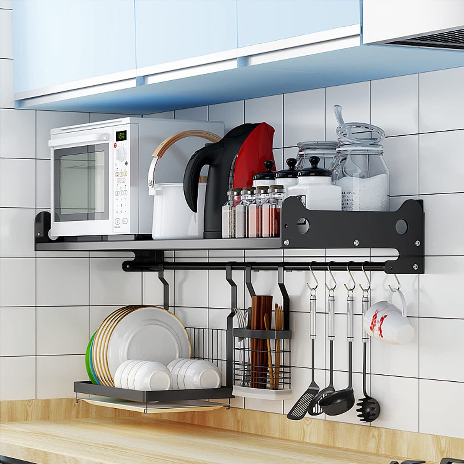 HJXGQJM Acero Inoxidable Soporte for Microondas, Montaje En Pared Escuadras Estanterias,Estante De Horno De Microondas Estante De Frasco De Especias con 5 Ganchos,Negro Estante de Microondas(50x25cm)