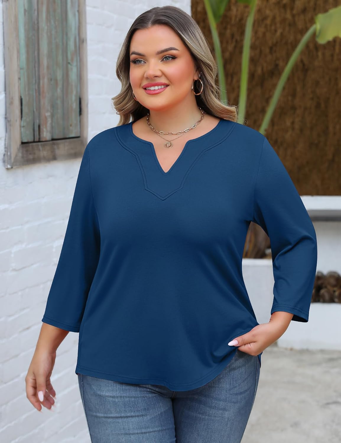 Romanstii Womens Plus Size Tops Casual 3/4 Sleeve V Neck T Shirt Loose Fit Tunic Blouse 1X-5X - Image 5