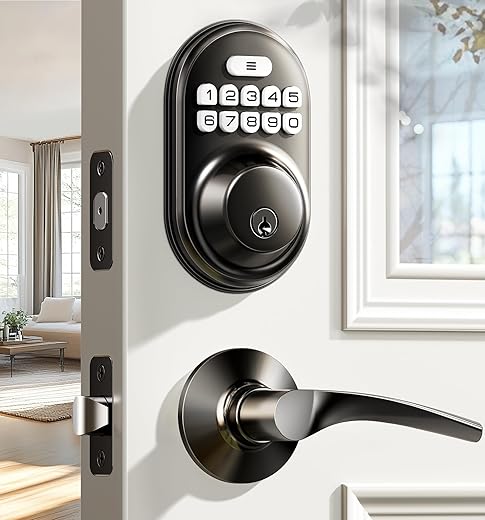 Veise Keyless Entry Door Lock with 2 Lever Handles - Electronic Keypad Deadbolt, Auto Lock, Back Lit & Easy Installation Design, Front Door Handle Sets, Matte Black
