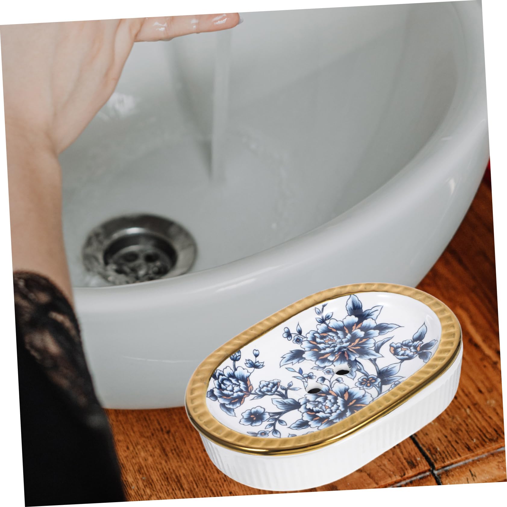 WOONEKY Jabonera de Cerámica Borde Dorado Diseño Simple y Elegante Doble Capa y Drenaje Rápido, Adecuado para Baño y Ducha