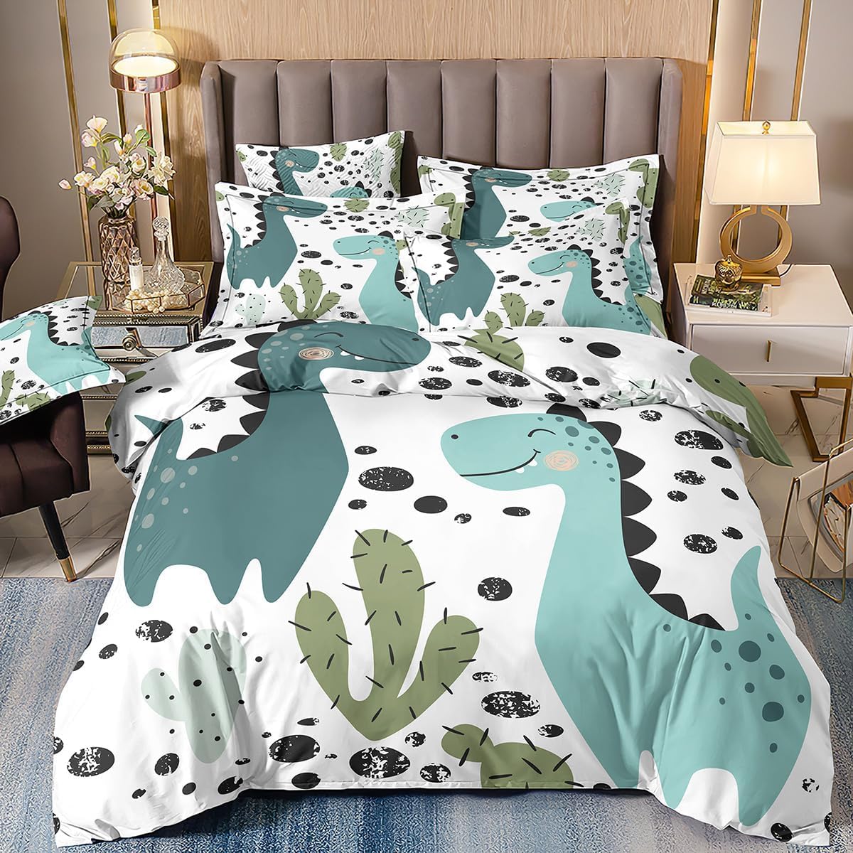 Ropa de cama infantil con estampado de dinosaurios, linda caricatura colorida con estampado de dinosaurios, juego de cama decorativo juguetón para niños y niñas (C, 135 x 200 cm)