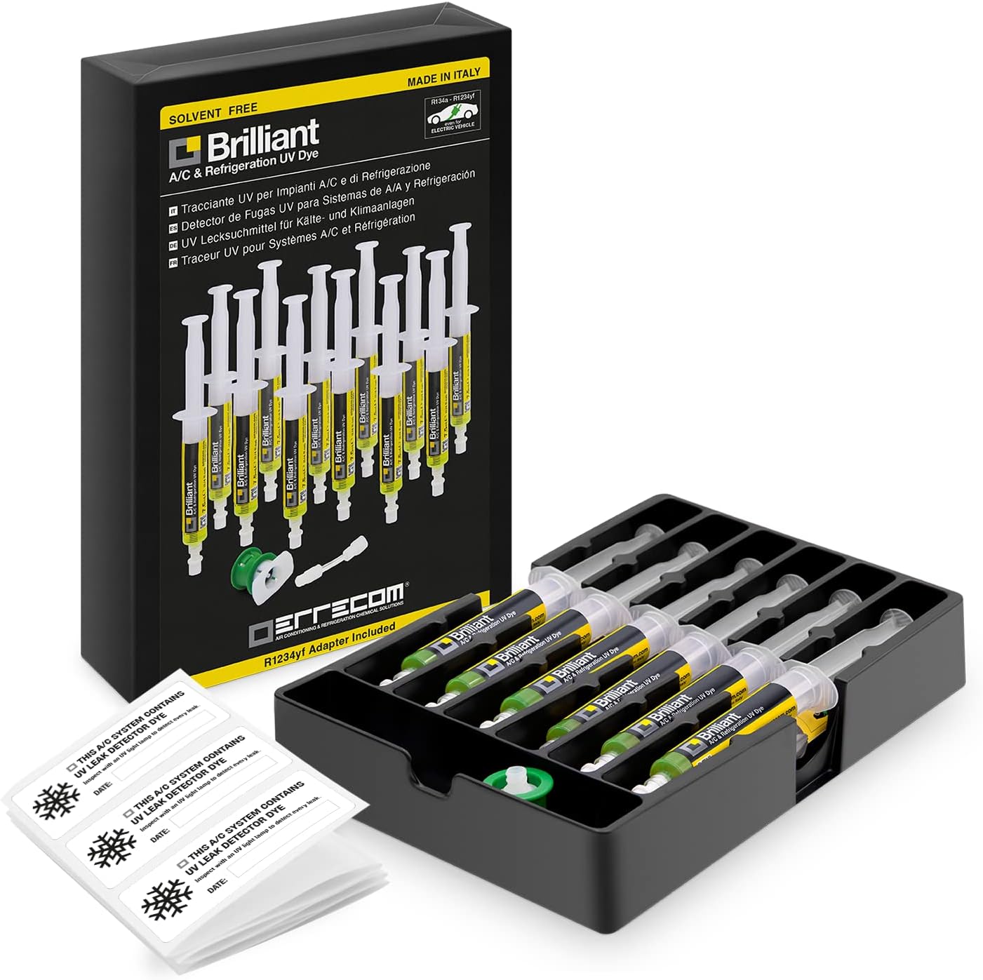 ERRECOM Brilliant - 12 x 7.5 ml, Fluorescent UV Dye for Detecting Refrigerant Gas Leaks in Vehicle A/C Systems, includes R1234yf adapter